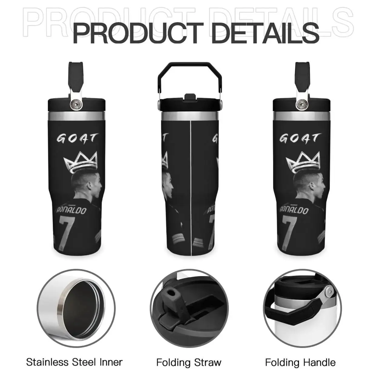 30oz CR7 Football Themed Tumbler - Insulated Stainless Steel Water Bottle, Durable Thermos & Flask, Multi-Purpose Drinking Cup for Home, Office, School & Daily On-the-Go