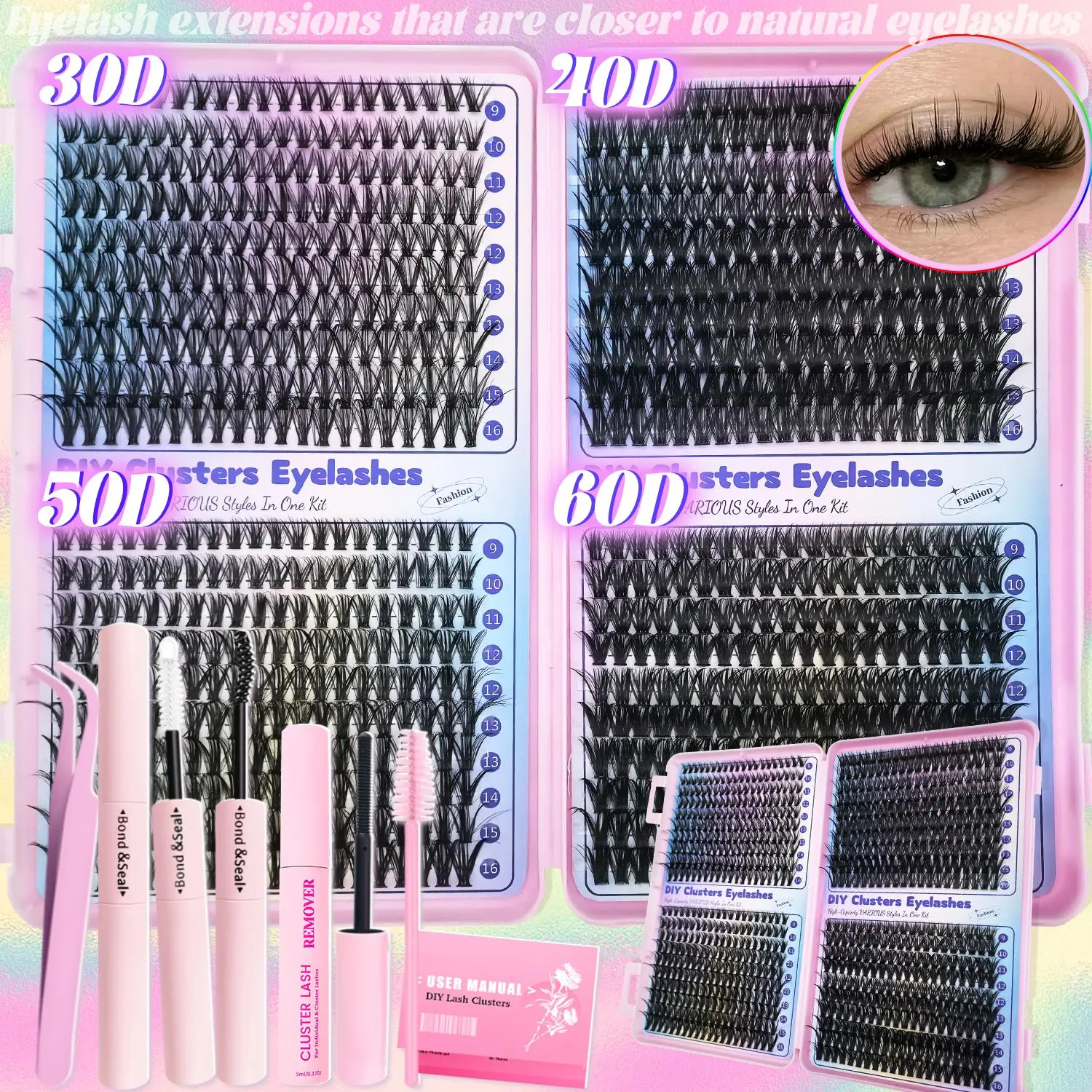 Individual Eyelash Extensions, 1 Set Natural Curl Eyelash with Lash Glue & Tweezers & Brush & Lash Remover, Eye Makeup Enhancement Kit for Women, DIY Lash Clusters, Eyelashes Extensions, Cosmetic, False Eyelash Extensions