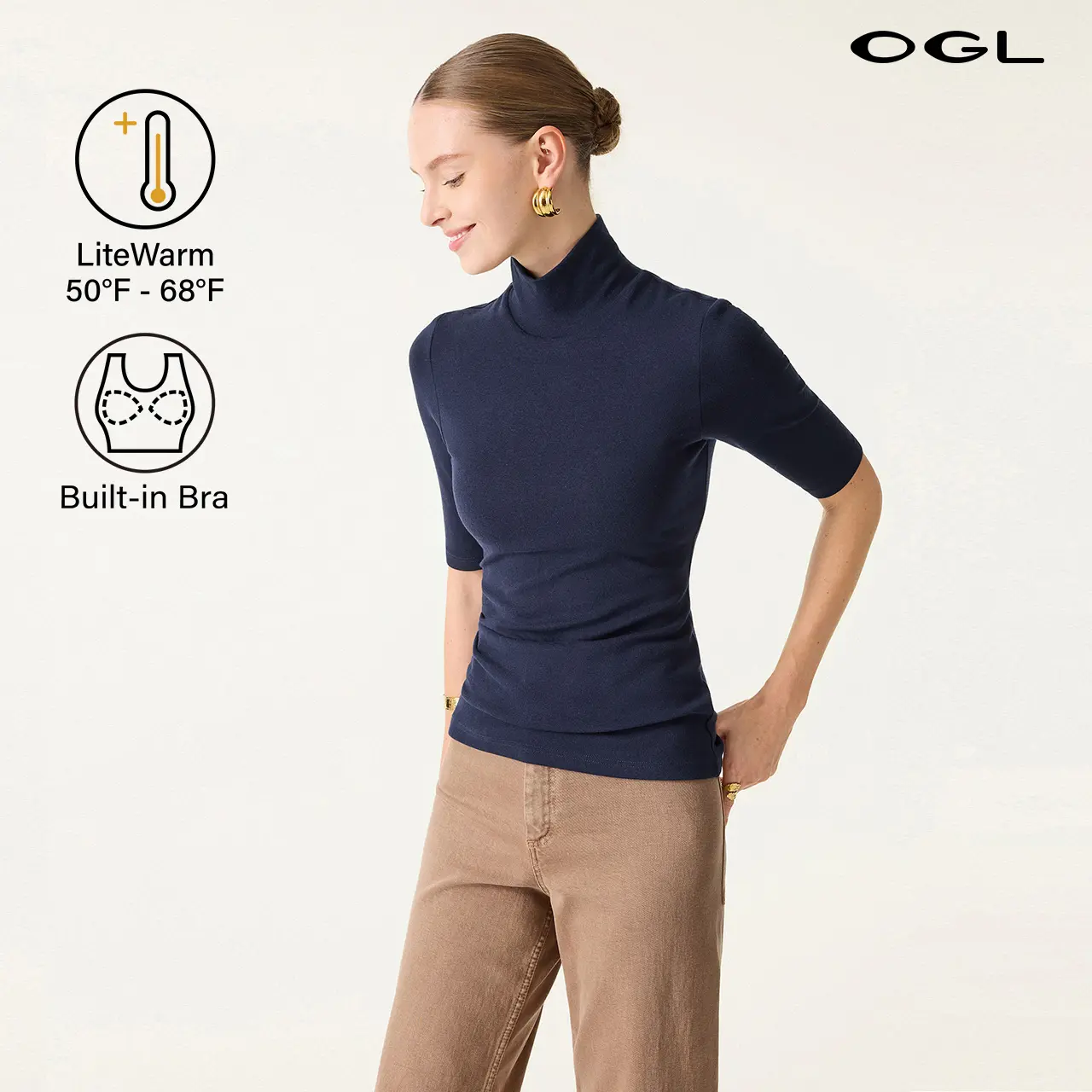 OGL Essential Turtleneck Elbow Length Sleeve bra tops LiteWarm Top Cozy Comfort for 50°F - 68°F Weather Minimalist Style teacher bae's outfit cute tops  for women comfortable