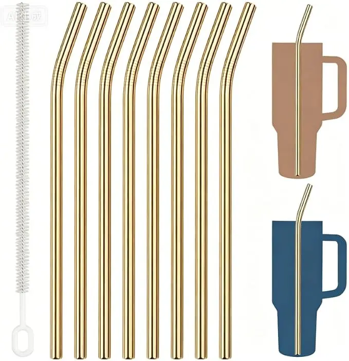 Tomorotec Stylish Stainless Steel Straws - 8-Pack, 9x300mm Gold, Everyday Use Drinkware Accessory, Reliable Choice for Those Seeking a Stylish Yet Practical Option, Eight Pieces, Bundled Straw Rods Drinkware Accessories