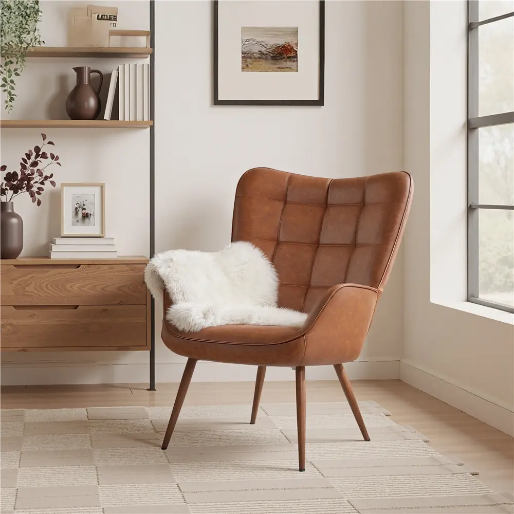 Costoffs Mid-Century Modern Faux Leather Accent Chair, Tufted High Back Armchair with Wood-Tone Metal Legs, for Living Room & Bedroom, Midcentury Modern Armchairs, Modern Elegance Armchairs