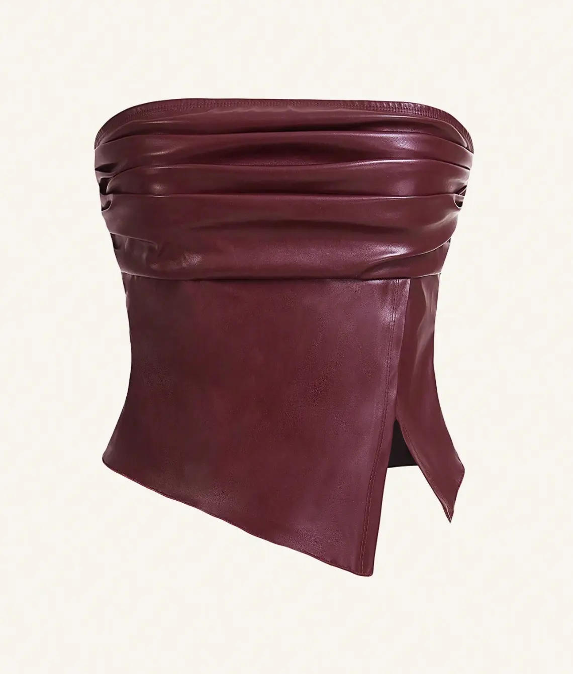 Women Burgundy Red Leather Top Fashionable Ruched Asymmetric Hem Tube Top, Suitable For Going Out And Parties Christmas Top Ruffle PU Leather Side Slit Hem Bandeau Crop Top
