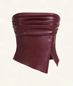 Women Burgundy Red Leather Top Fashionable Ruched Asymmetric Hem Tube Top, Suitable For Going Out And Parties Christmas Top Ruffle PU Leather Side Slit Hem Bandeau Crop Top