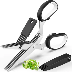 5-Blade Herb Scissors with Protective Cover and Cleaning Comb, Stainless Steel Multi-Blade Herb Shears for Efficient Cutting of Basil, Parsley, and Cilantro, Easy to Clean Kitchen Tool, Ideal Unique Gift for Cooking Enthusiasts POROMI