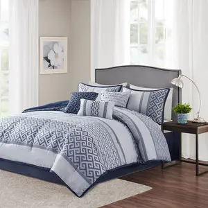 360 Stand King Size Bennett Jacquard Comforter Set - 7-Piece (7 Pieces) Traditional Look Bedding, Navy, 104x92x1.5in, Geometric Weave Cloth, Polyester Fill, Machine Washable Comforter