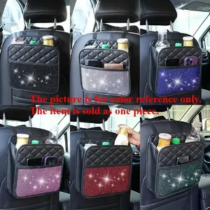 Shiny Car Seat Back Storage Bag - A shiny storage box for use in the car, featuring multiple compartments to hold water bottles, snacks and accessories. Black design with shiny decorations. Car Interior Accessory