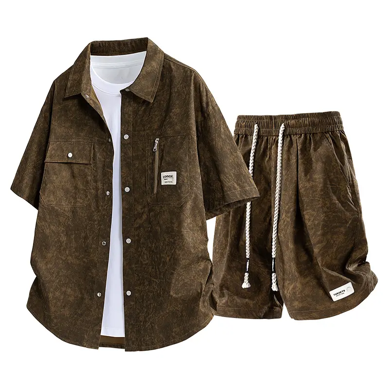 Men's Two Piece Outfit Set, Vintage Printed Short Sleeve Button Shirt With Multi Pockets And Matching Drawstring Waist Shorts, Soft Lightweight Fabric Casual Co-Ord Set For Summer Daily Street Travel Outfits # SummerWins