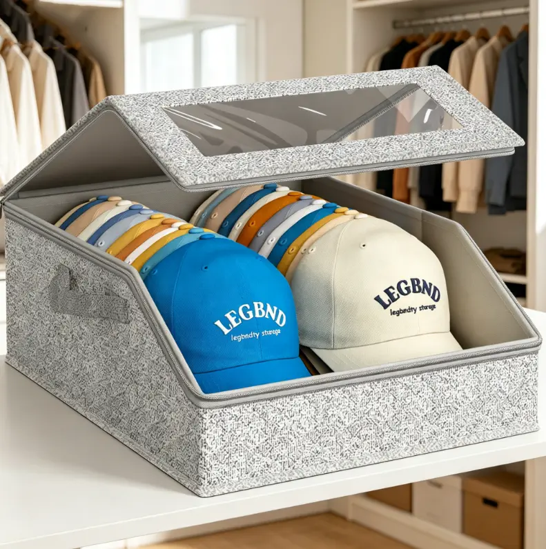 Classic Collapsible Trapezoid Hat Storage Box with Cardboard and Zipper Lid - Home Organizer Storage Boxes for Closet, Wide Grey Bin Fits 20+ Baseball Caps