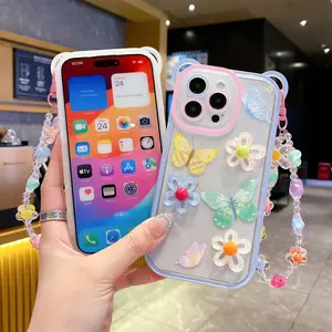 Colorful 3D Butterfly Flower Protective Phone Case for iPhone 16Pro Max 15 14Plus 13 12 11Pro Max, Trendy Strap Design, Cute Illustrated Style for Girls
