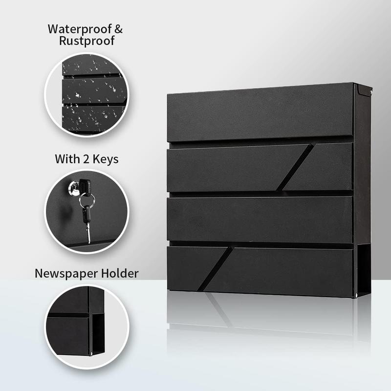 Mailbox Wall Mount,Large Capacity Locking Mailbox for Outside,Galvanized Steel Cover and Rust-Proof Metal  Box with Newspaper Holder,14.6"x14.6"x4.3" Black,MD025B