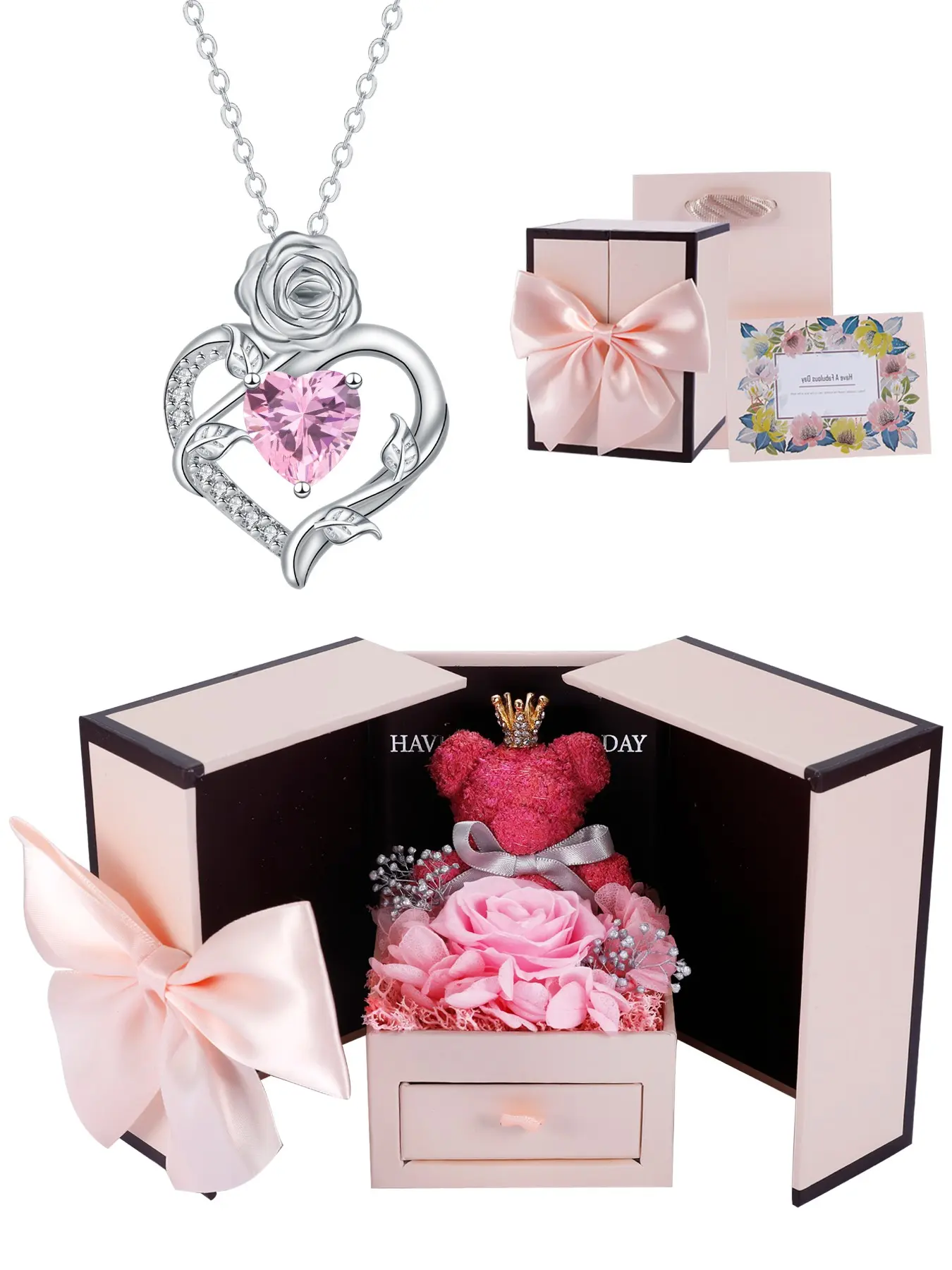 Rose CZ Cubic Zirconia Sparkling Zirconia Birthstone Necklace With Moss Bear Rose Jewelry Gift Box, Rose Flower Heart Necklace for Women, Love Necklace, Valentine's Day Mother's Day Trendy Jewelry Gift for Wife Girlfriend Mom