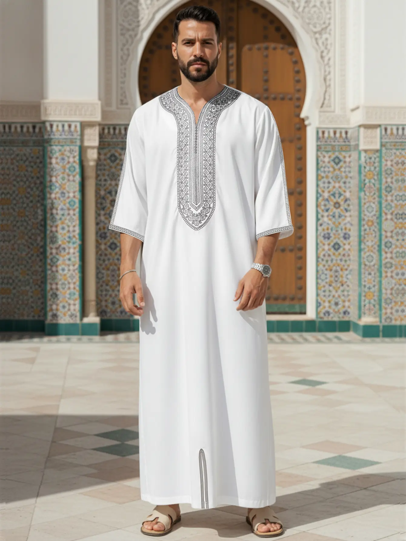 Men's Casual Moroccan Thobe, Embroidered Traditional Arabic Robe with Pocket for Daily, Lounge & Special Occasions Fit