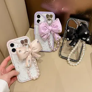 New Dual-Sided Diamond Frame Star Powder Glue Shell + Water Drill Bow Pearl Lanyard Phone Case, Fits Apple iPhone 17 Pro Max/16pro Max/16+/15+/14+/13+/12+/11+