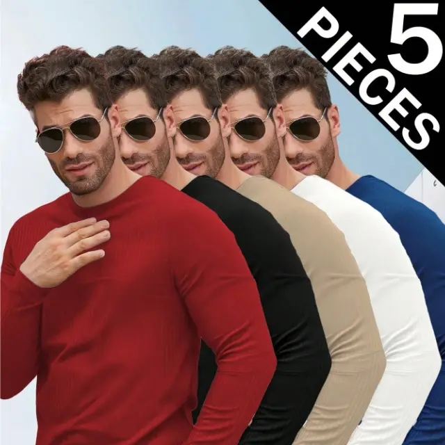 5-piece set of men's long-sleeved shirts, round-neck thermal underwear tops, casual wear summerwins