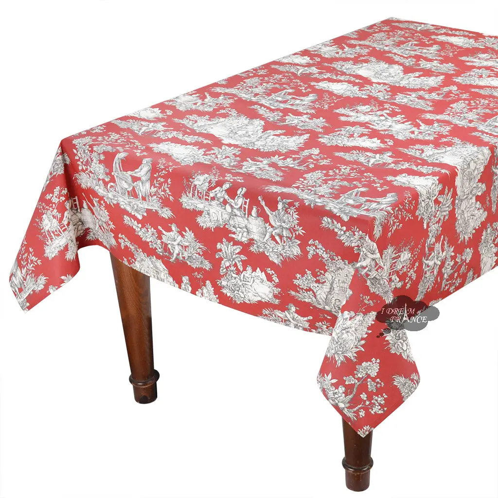 58" Square Villandry Red Toile Acrylic-Coated Cotton Tablecloth by Le Cluny
