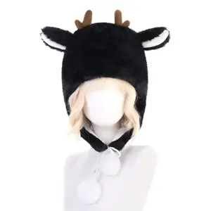 Handmade Winter Plush Hat – Cute Antler Beanie with Earflaps & Pom Poms, Warm Snow Hat for Outdoor & Holiday Wear