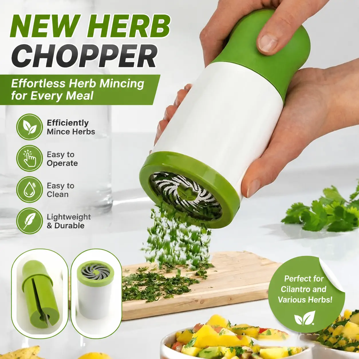 White & Green Compact Cordless Herb Chopper - All Natural Flavor-Friendly, Efficient Cilantro & Herb Mincer, Easy to Operate & Clean, Lightweight Durable Kitchen Tool for Seniors, Picnic & Camping Home Cooking, Multifunctional Durable Chopper, Portable Ve