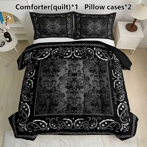 Gothic Skull Paisley Bandana Bedding Set, 1 Comforter & 2 Pillowcases, Dark Western Decor, Synthetic Fiber, Home Textiles