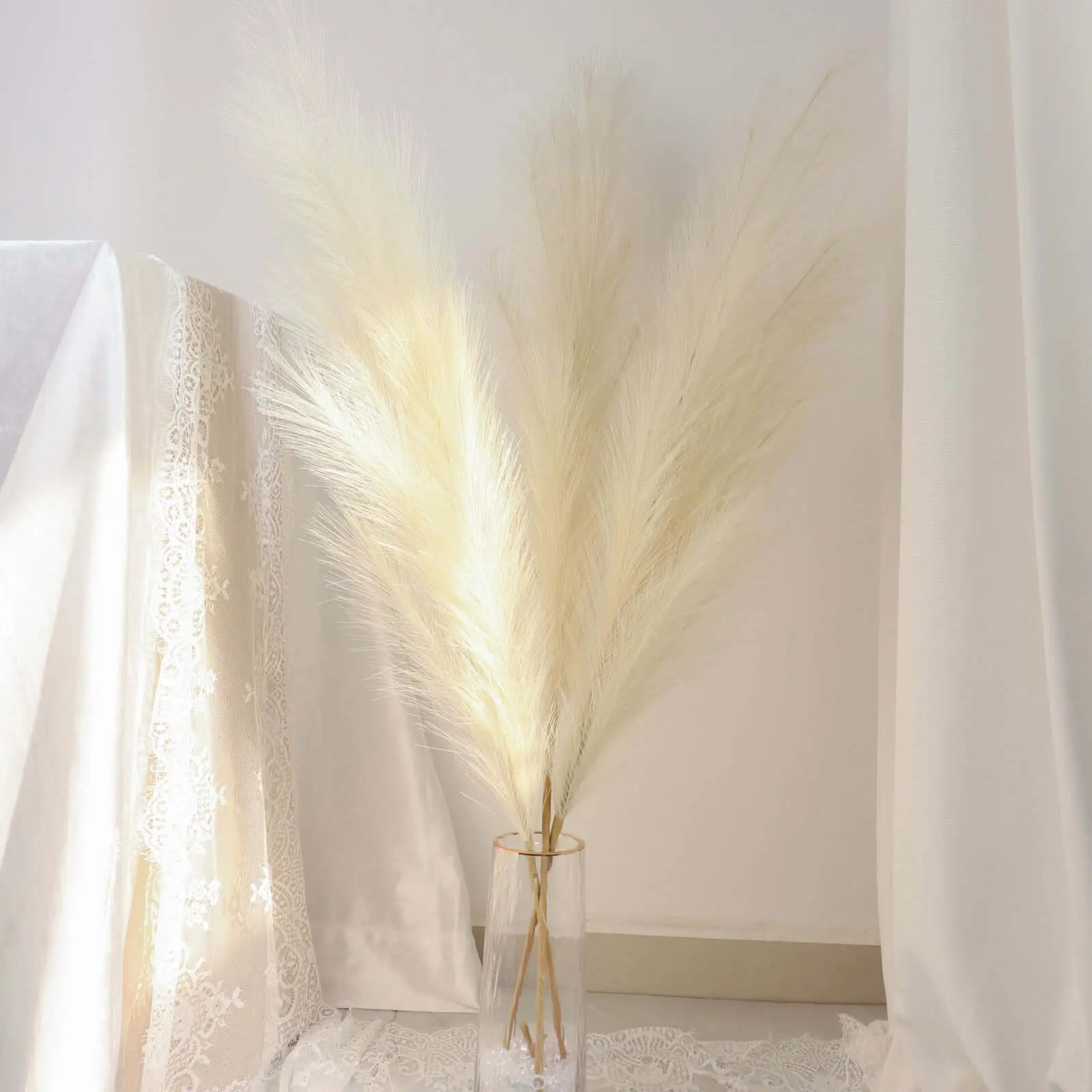 44 in Cream Grass Artificial Flowers - 3 Stems Decorative Artificial Pampas Grass for Boho Lovers, Rustic Chic Backdrops & Vase Displays, Three Stems