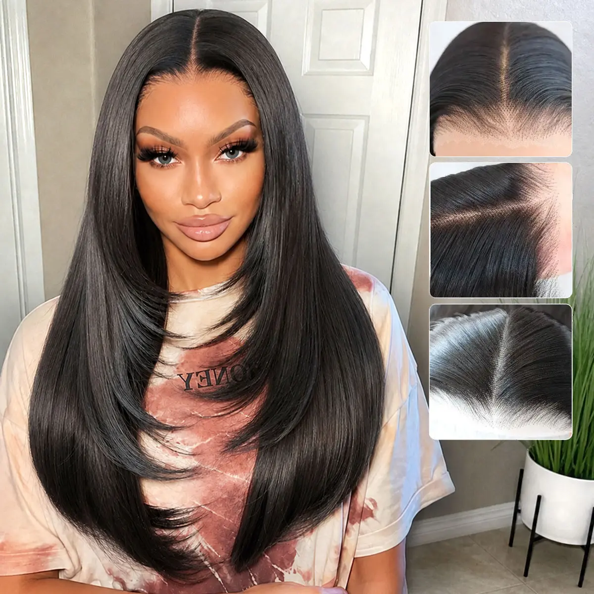 Ua Hair Glueless Synthetic layered cut 9x7 Lace Front Wig Wear And Go Pre Plucked Pre Cut Straight Wig Natural Hairline with Tiny Knots Premium Fiber