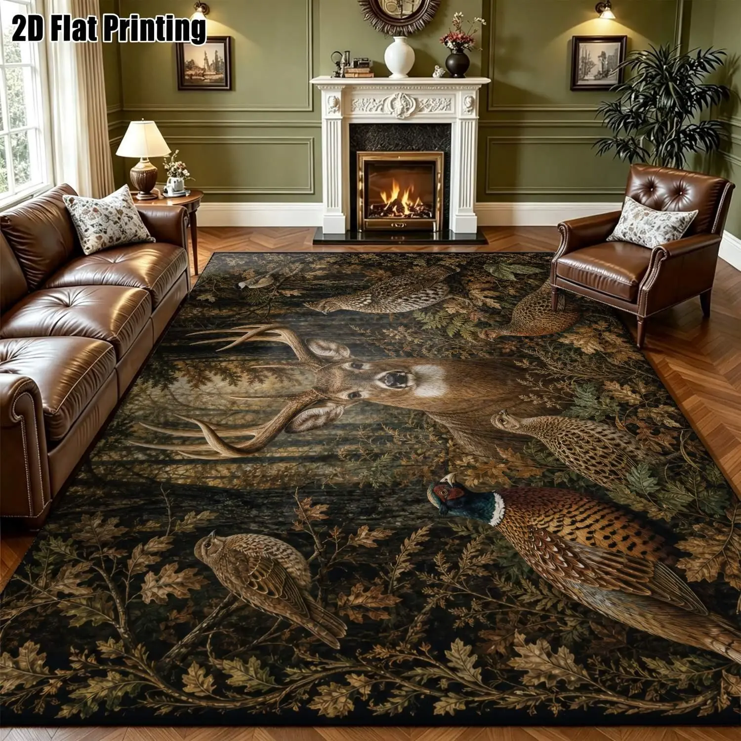 Large indoor area rug made of soft velvet with a low pile and non-slip backing, featuring a rustic forest deer and wild bird pattern and nature theme; machine washable; suitable for living room, bedroom, and entryway home decor.