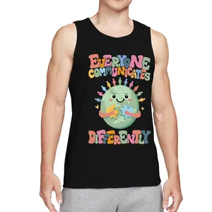 Everyone Communicates Differently Phrase Graphic vests Autism Awareness Print T Shirts Short Sleeve Casual Tops for Daily Outfits Black,L