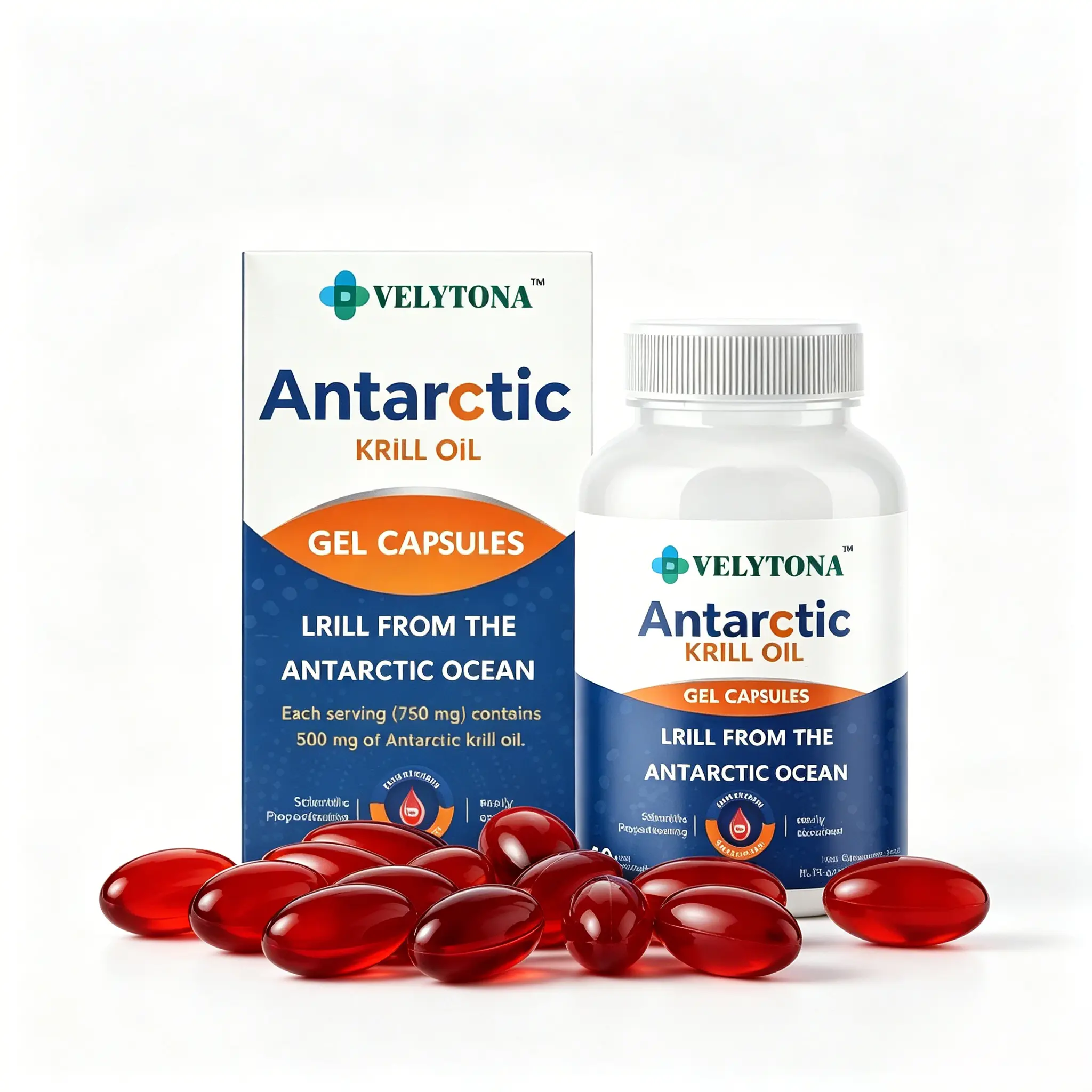 VELYTONA Antarctic Krill Oil Healthcare Supplement - 500mg, 60 Softgel Capsules, with EPA, DHA Omega-3, Phospholipids, Astaxanthin for Adults