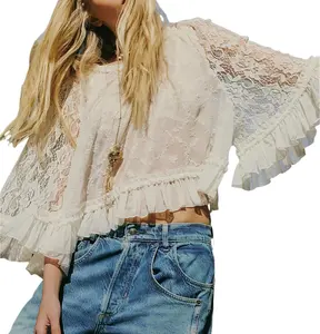Women Sheer Poncho Tops Oversized Batwing Sleeve Blouse Contrast Lace See Through Mesh Cover Up Ruffle Flowy Boho Shirt