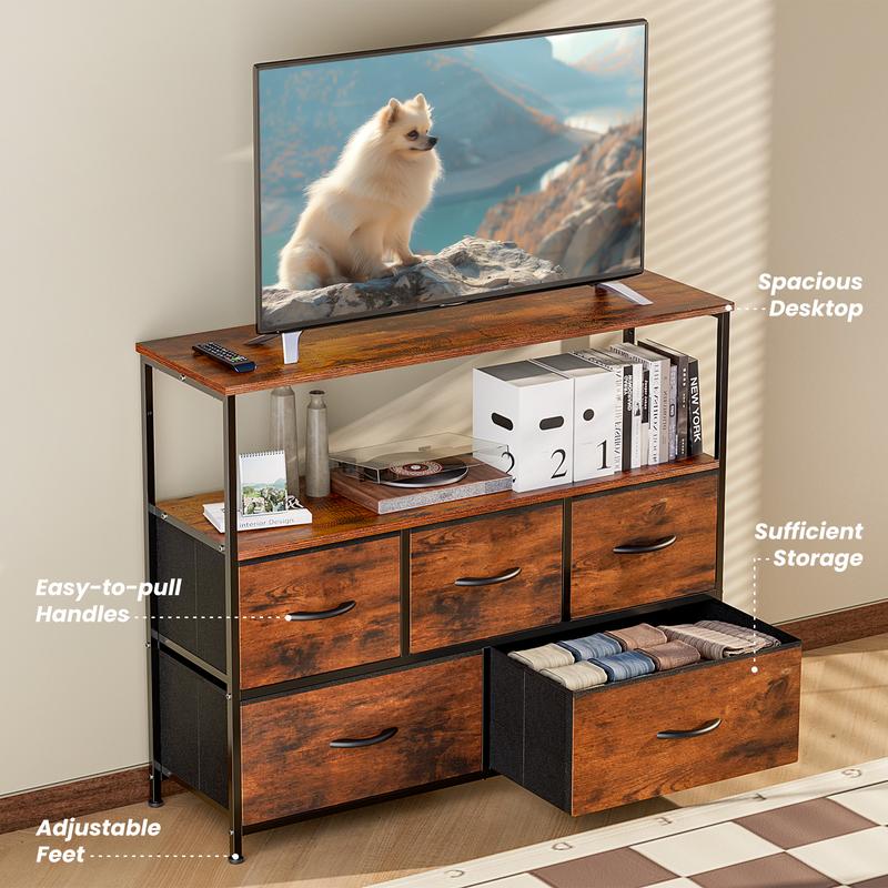 Dresser TV Stand, Entertainment Center with 5 Fabric Drawers, Media Console Table for TV with Open Storage Shelf Dresser