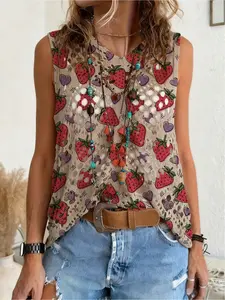 Spring/Summer style, V-neck diamond hollow-out sleeveless cover-up, contrast color strawberry print women's knitted top, vacation style, casual and elegant for commute, women's vest cover-up, bikini cover-up, Bohemian vacation style beach cover-up.