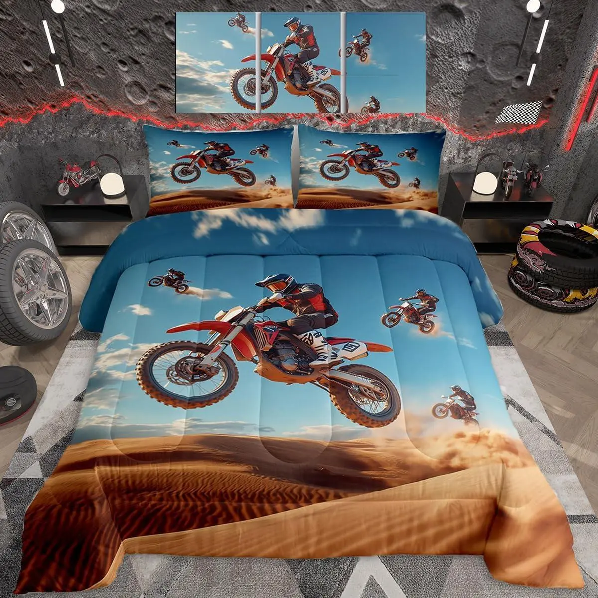Feelyou Motocross Rider Print Quilt Bedding Set, Ultra Soft Motorcycle Racing Dirt Bike Comforter, Extreme Sports Look Bedroom Decor