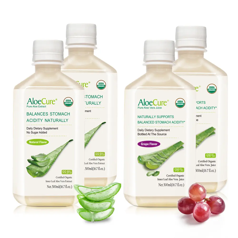 AloeCure Certified Organic Aloe Vera Juice Drink - 4-Bottle Ambient Sample Pack, Grape & Natural Flavors - 4x500ml, Healthy Drinks for Adults