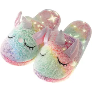 P-SOK06   Kids Fuzzy Slippers for Girls Boys Unicorn Glow in the Dark Plush Fleece Warm Indoor Shoes