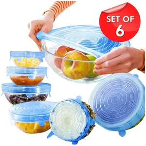 Stretchable Silicone Lids- Reusable Food Storage Sealing Airtight Flexible Wrap Covers (Set of 6)