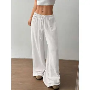 Women's Super Low Waist Casual Organic Cotton Straight Leg Pants Fit Baggy Womenswear Drawstring White Pocket