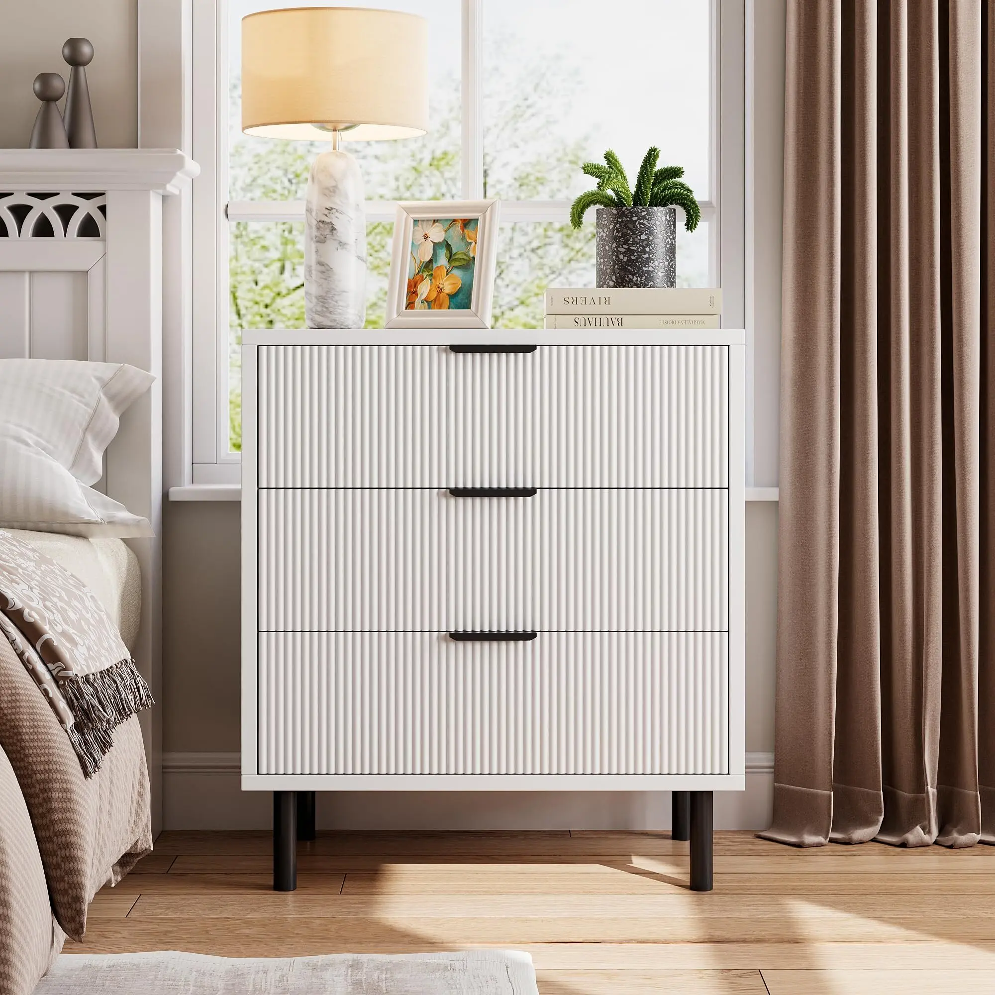 Modern Minimalist White Fluted 3-Drawer Dresser - Wide Durable Engineered Wood Storage Cabinet with Metal Legs, Wavy Panels, Sliding Drawers, Sideboard with Storage, Space-Saving Single Unit for Bedroom, Living Room (Assembly Required)