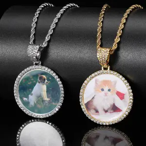 ORPHIC Customized Memory Color Photo Pendant Necklace Unisex Exquisite Zircon Disc Pendant Necklace Couple Family Memorial Day Gift Locket Personalized Beaded Hand Made Cute DIY Round Crystal Diamond for Adults