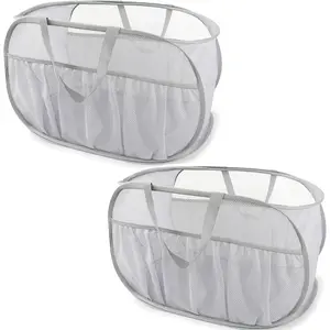 2 Pack Collapsible Laundry Baskets, Laundry Hamper with Convenient Bags, Foldable Laundry Basket Mesh Light Weight, Easy to Carry Clothes Hampers for Laundry, Dorm, Toys, Travel Grey
