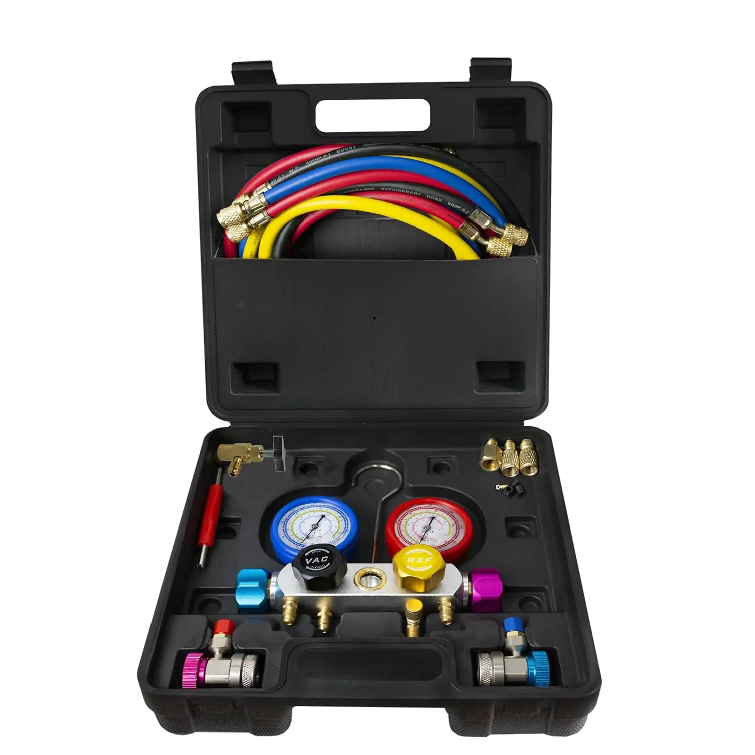 AC Manifold Gauge Set for R134A R410A R22, HVAC Gauges with Hoses, 4 Way AutomotiveAir Conditioner Refrigerant Recharge Kit