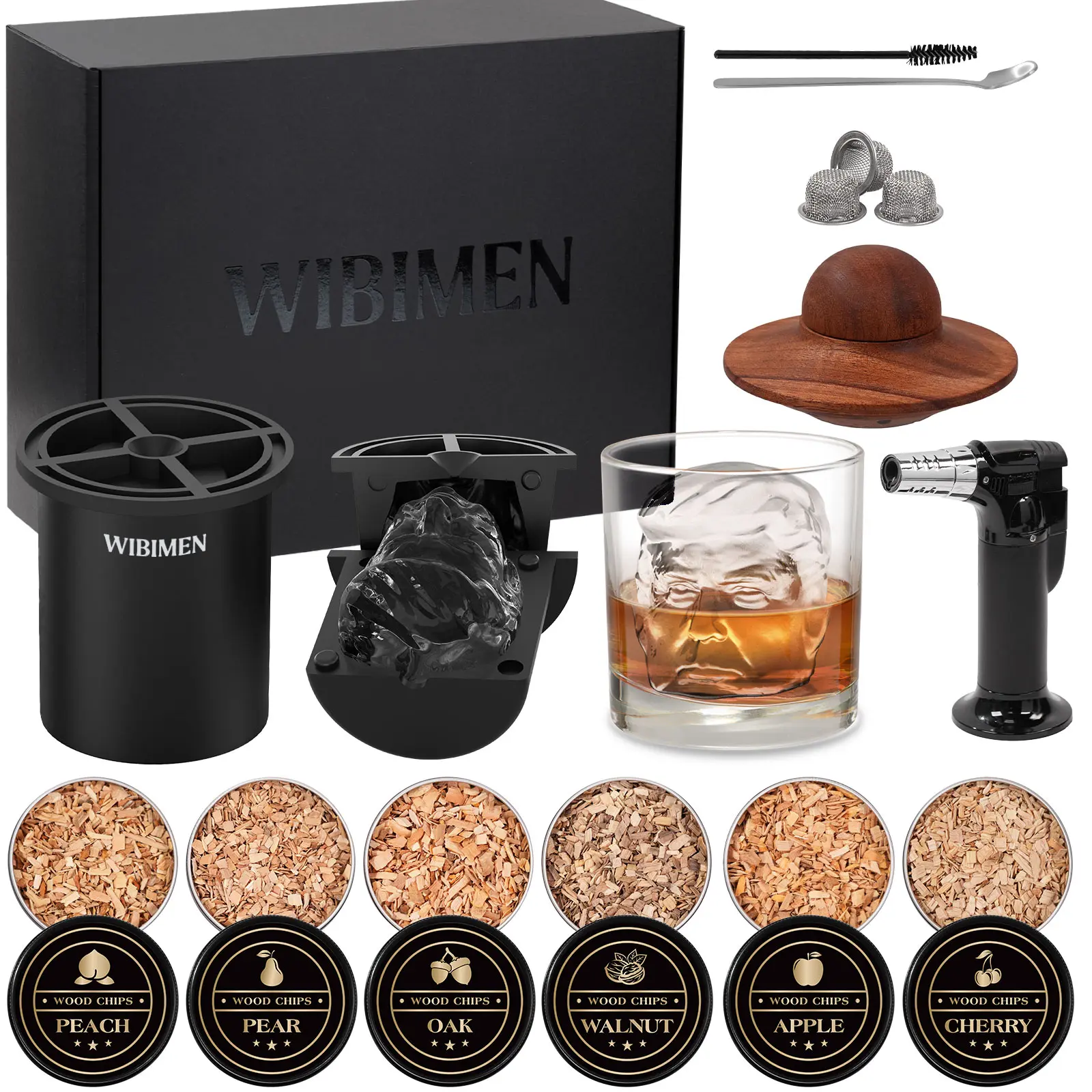 Summervibes WIBIMEN Funny Face Ice Ball & Whiskey Smoker Kit – Unique Gift for Dad & Whiskey Lovers – Party & Home Bar Essential | 6 Wood Flavors, Torch & Glass (Butane Not Included)