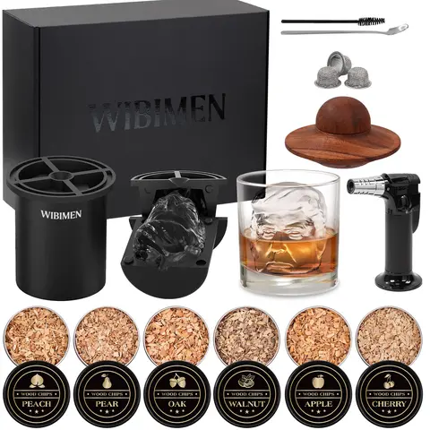 Summervibes WIBIMEN Funny Face Ice Ball & Whiskey Smoker Kit – Unique Gift for Dad & Whiskey Lovers – Party & Home Bar Essential | 6 Wood Flavors, Torch & Glass (Butane Not Included)