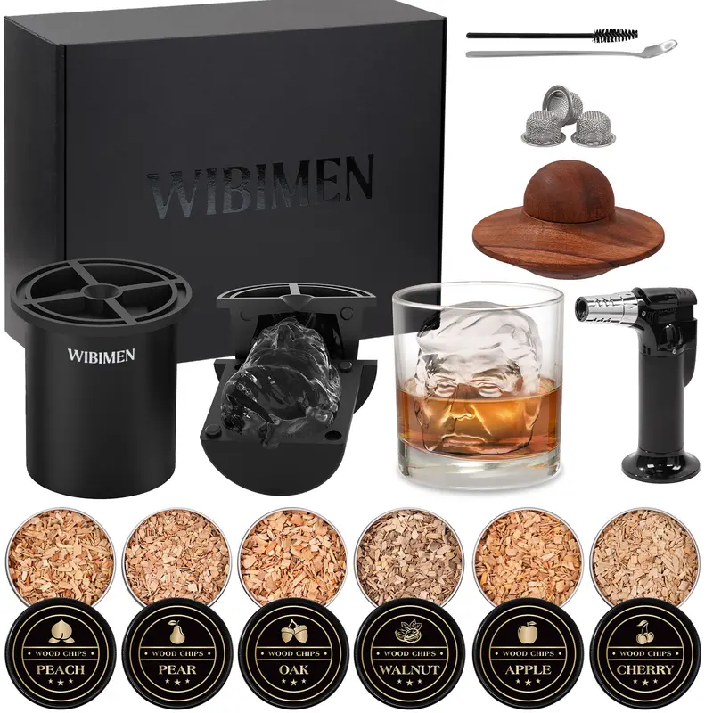 Summervibes WIBIMEN Funny Face Ice Ball & Whiskey Smoker Kit – Unique Gift for Dad & Whiskey Lovers – Party & Home Bar Essential | 6 Wood Flavors, Torch & Glass (Butane Not Included)