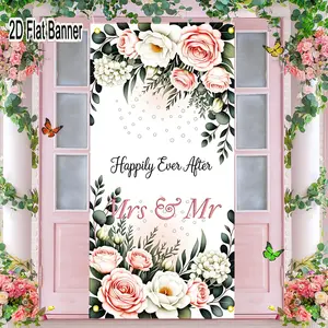 2D flat banner, 1pcHappily Ever After Wedding Backdrop, Pink & White Floral Mrs & Mr Decor, Romantic Gradient Background with Eucalyptus & Berries for Marriage Ceremonygalentines party decor, valentine day decor, decorations for valentines day