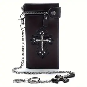 Mens Gothic Skull Cross Leather Biker Punk Wallet with a Metal Long Chain Black