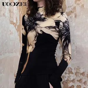 UOOZEE Women's Tight-Fitting Long-Sleeved Flower Print Patchwork Stand-Up Collar Blouse Top, Comfortable Casual Knit Top, Blouse for Daily Leisure