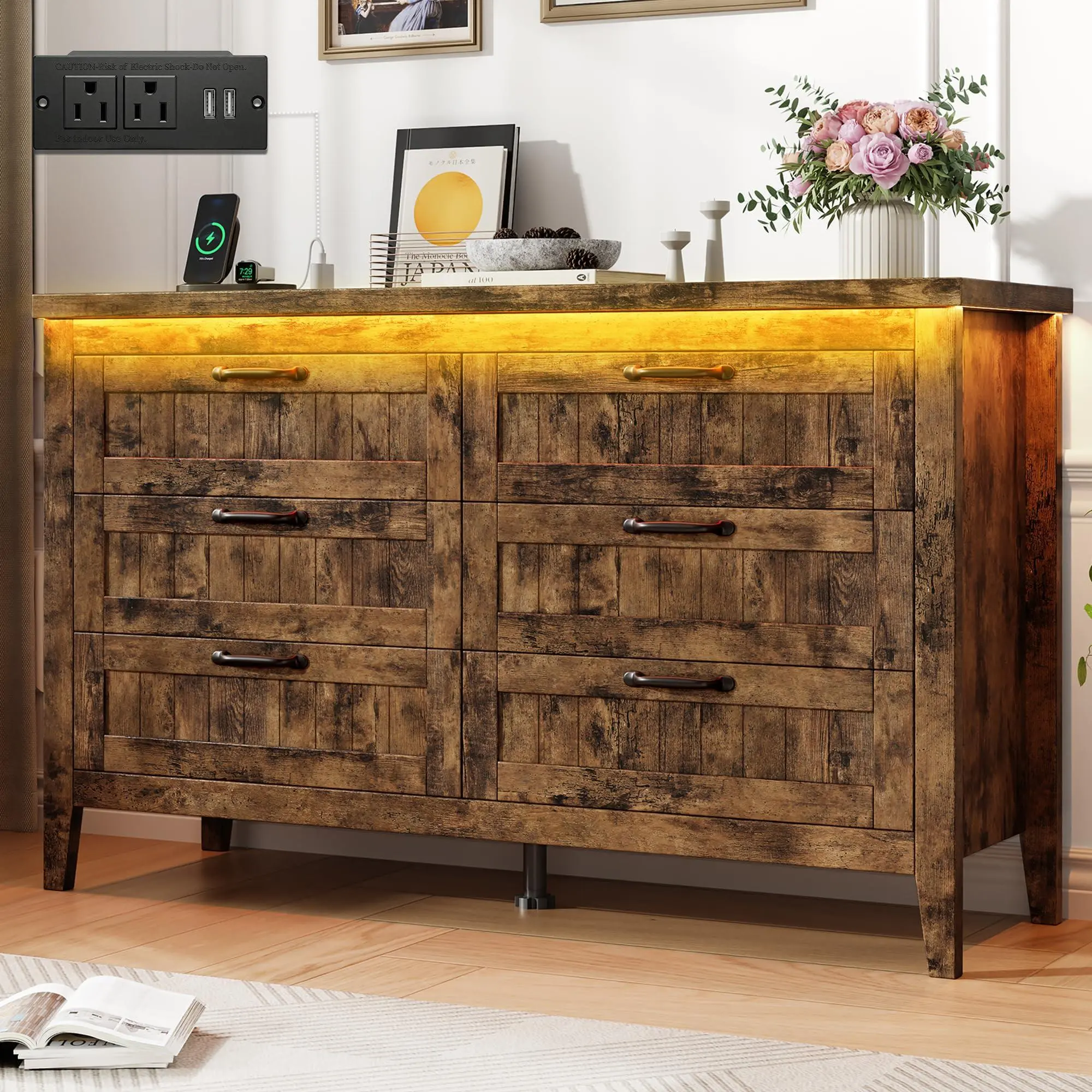 Farmhouse 6 Drawer Dresser with Charging Station & LED Lights, Slim Wooden Bedroom Dresser, Rustic Chest of Drawers Clothes Storage Organizer for Closet Dorm Apartments, Retro