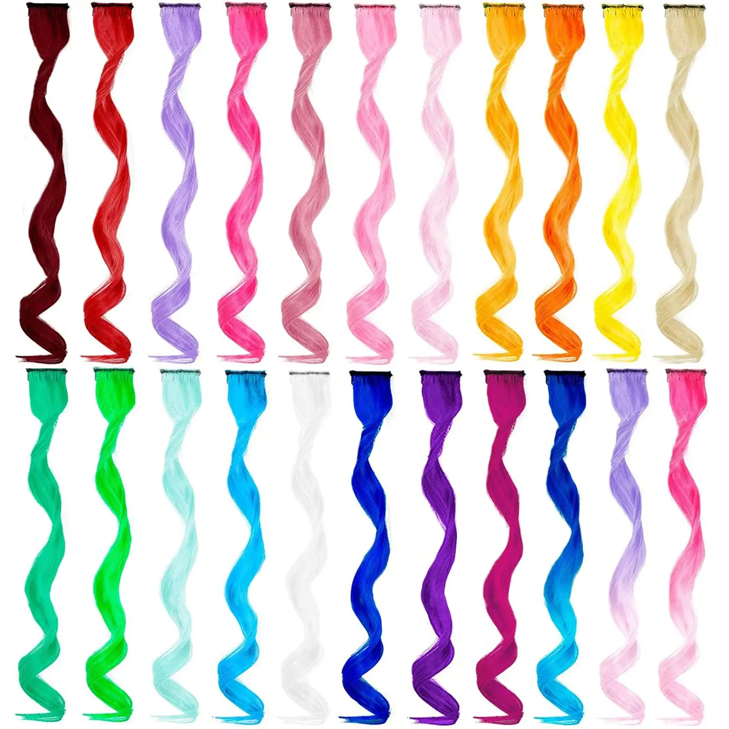 Female Fake Curly Hair Extensions, 22 PCS 17-in Synthetic Clip-In Pieces, Multi-Color with Hot Pink Highlights for Halloween, Christmas, Birthday Use, Synthetic Extensions & Pieces, Teal Blue, Fluorescent Green, Clip Hair Extensions, Costume Party