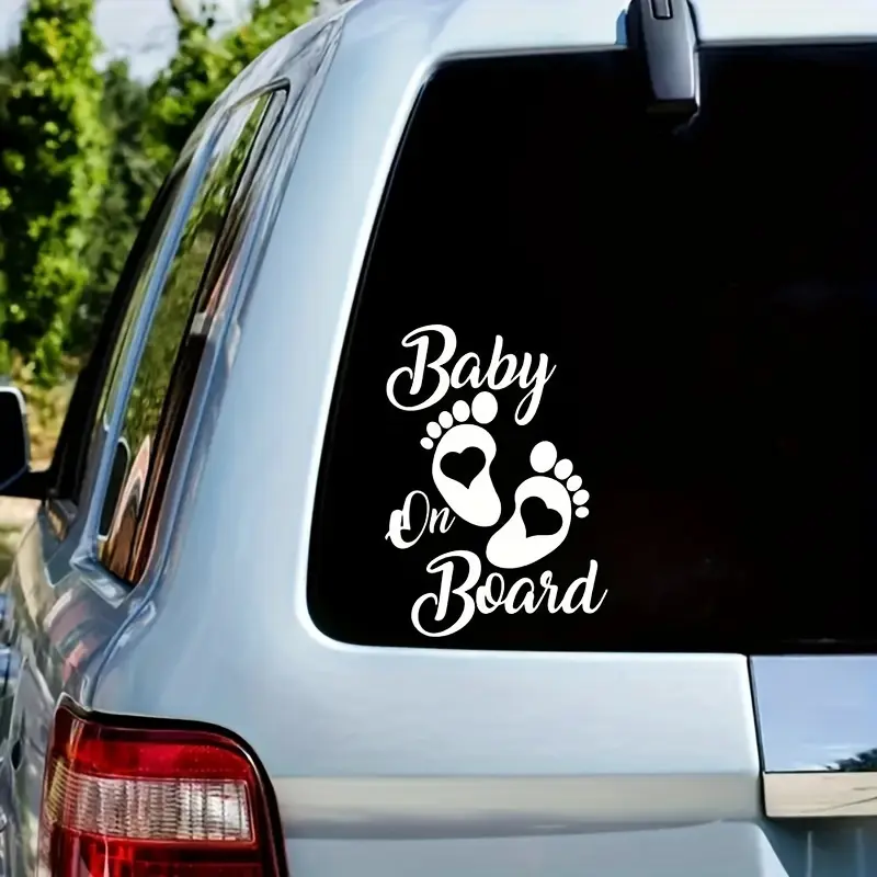 1PC Family Car “Baby On Board” Parent-Child Car Sticker, Sticker for cars, Car Decals, Fits family SUVs & parent cars rear/side windows, during daily baby park visits & baby store runs, baby footprint + cursive slogan shows parent-child attribute