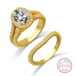 2Pcs Oval Halo Moissanite Ring Set  Gold Plated S925 Silver Twisted Engagement Wedding Promise Rings Stackable Gold Plated CZ Ring Set