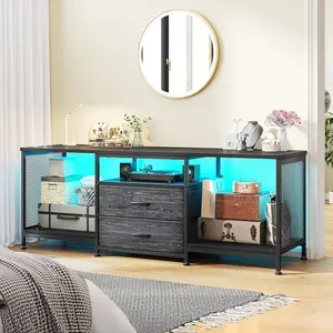 RaybeeFurniture 55" W TV Stand Dresser, TV Stand with Power Outlets & LED Lights, Entertainment Center with 2 Drawers TV Console with Open Storage Shelves